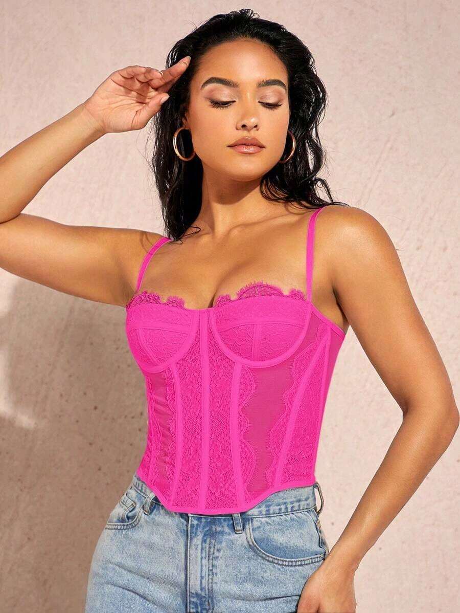 Top de tirantes bustier ribete con encaje - Rosa Fucsia - Ver 1