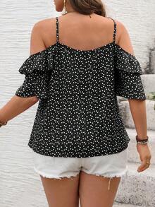 Camiseta romántica con volantes y escote descubierto de corazoncitos para vacaciones, talla grande.Ideal para fiesta casual, picnic o San Valentín. - Negro - Ver 2