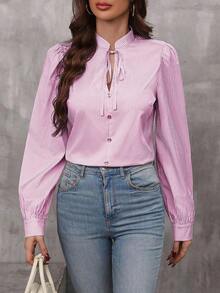 LUNE Blusa con estampado de rayas de cuello con cordón de manga farol - Rosa - Ver 4