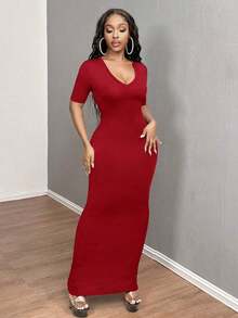 Vestido ajustado corto de manga corta con cuello en V liso para baile de graduación - Burdeos - Ver 7