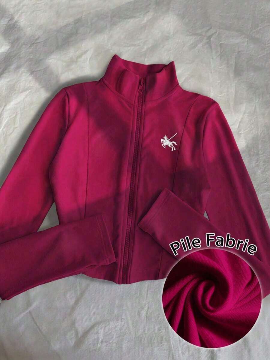 Chaqueta ligera con estampado de polo para mujer, abrigo casual de calle deportivo con cremallera, ajuste delgado de manga larga, otoño - Burdeos - Ver 1