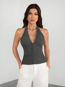 Tall Blazer casual de unicolor con cuello en V para mujer, top de traje tejido - Conjunto de otoño vintage seductor de oficina para maestras - Gris Oscuro - Ver 6