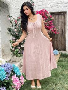 Vestido casual de línea A con cintura ceñida y mangas cortas con lunares para tallas grandes - Beis - Ver 6
