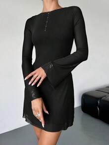 Vestido mini minimalista, elegante y sexy de lunares blanco y negro para mujer, estilo retro con cuello barco, mangas acampanadas, cintura alta y línea A, ideal para primavera/verano, Día de San Valentín - Negro 2 - Ver 3