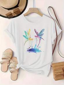 Limited Time Offer, Limited Quantities, Flash ! Women's Casual Shirts, Women's Polyester T-Shirts, Elegant Shirts. Women's Sporty T-Shirt With Watercolor Dragonfly Print, Crew Neck And Short Sleeves,  European And American Style. - 白色 - 查看 9