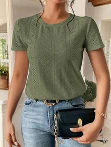 Camiseta blanca de cuello redondo con bordado de ojales, minimalista para ir a la oficina, estilo antiguo y sencillo - Verde militar - Ver 6