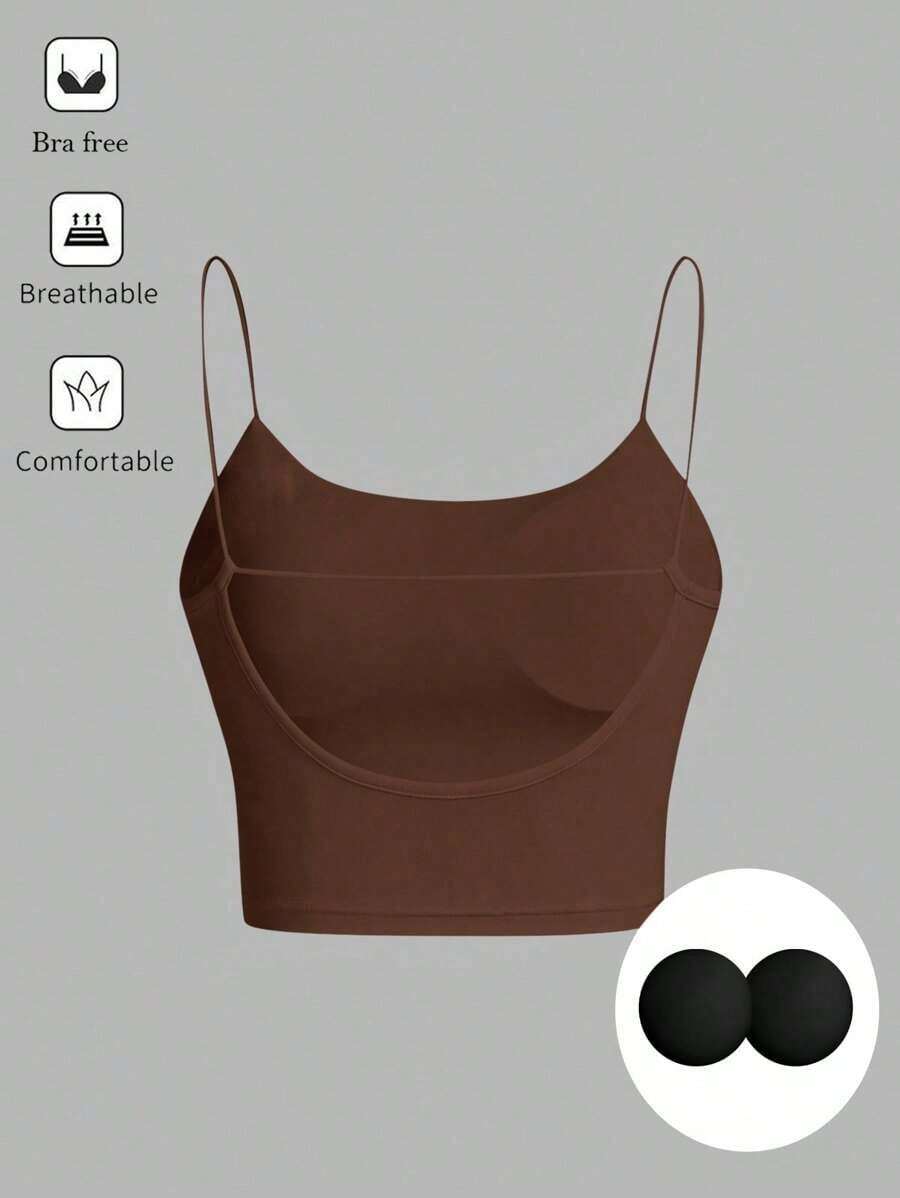 Camiseta de tirantes finos de un solo color simple, uso casual de todos los días para mujeres - Marrón - Ver 1