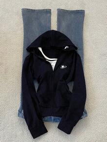 Sudadera con capucha ajustada y versátil con bordado para mujer - Azul marino - Ver 1