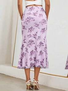 Falda de malla con estampado floral para mujer con cinturilla elástica y dobladillo de sirena - Lila Púrpura - Ver 2