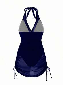 Swim Vcay Vestido de baño texturizado sin aros, negro sólido, para mujer, ideal para vacaciones de primavera, fiestas casuales de verano y playas - Azul marino - Ver 2