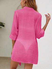 Kimono de verano semitraslúcido con botones hacia arriba para la playa - Rosa Fucsia - Ver 2
