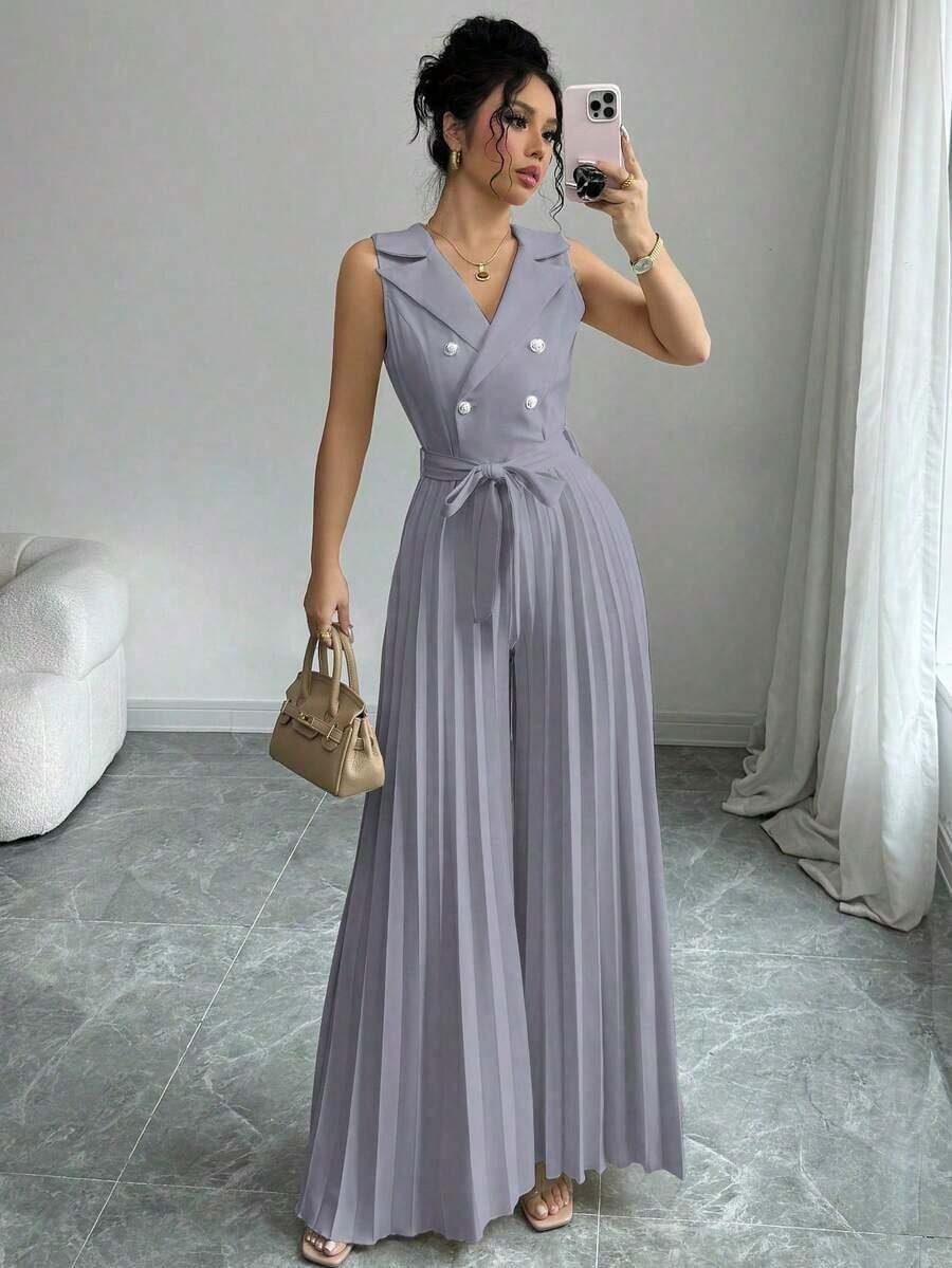 Mono elegante de mujer con diseño de doble botonadura y plisado en color albaricoque, para primavera y otoño - Gris - Ver 1