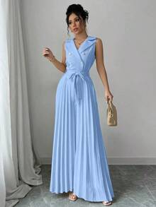 Mono plisado con diseño de chaleco cruzado elegante para mujer, color albaricoque, para primavera y otoño - Celeste - Ver 3