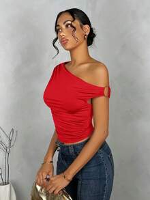 Blusa de verano con hombros asimétricos fruncidos en unicolor para mujer - Rojo - Ver 5
