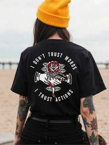 Women's Casual Summer Short Sleeve T-Shirt With Floral Print And Slogan "I DON'T TRUST WORDS, I TRUST ACTIONS" Graphic T-Shirts For Women - 黑色 - 查看 1