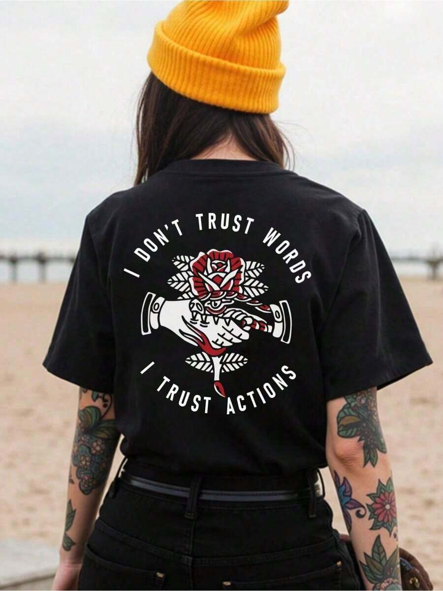 Women's Casual Summer Short Sleeve T-Shirt With Floral Print And Slogan "I DON'T TRUST WORDS, I TRUST ACTIONS" Graphic T-Shirts For Women - 黑色 - 查看 1