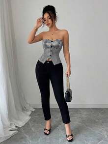 Top corto sin mangas con botones delanteros y estampado de pata de gallo, para uso en oficina o viajes, de moda para el verano - Multicolor - Ver 5