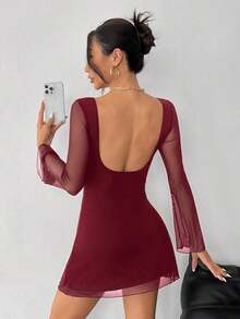 Vestido de malla con mangas de trompeta y espalda descubierta, nuevo y sexy para principios de otoño - Burdeos - Ver 8