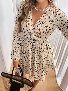 Vestido corto minimalista de estilo casual para mujer, para uso diario.Vestido corto de manga larga con cuello cruzado y estampado de leopardo para mujer, vestidos de vacaciones, vestidos para mujer, vestido casual de invierno, vestido de Año Nu - Albaricoque - Ver 7