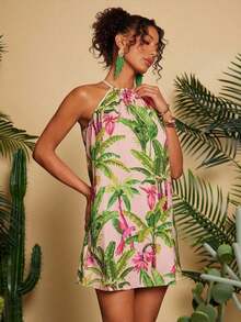 Vestido corto holgado con hombros al descubierto y estampado tejido para mujeres para vacaciones - Multicolor 8 - Ver 7