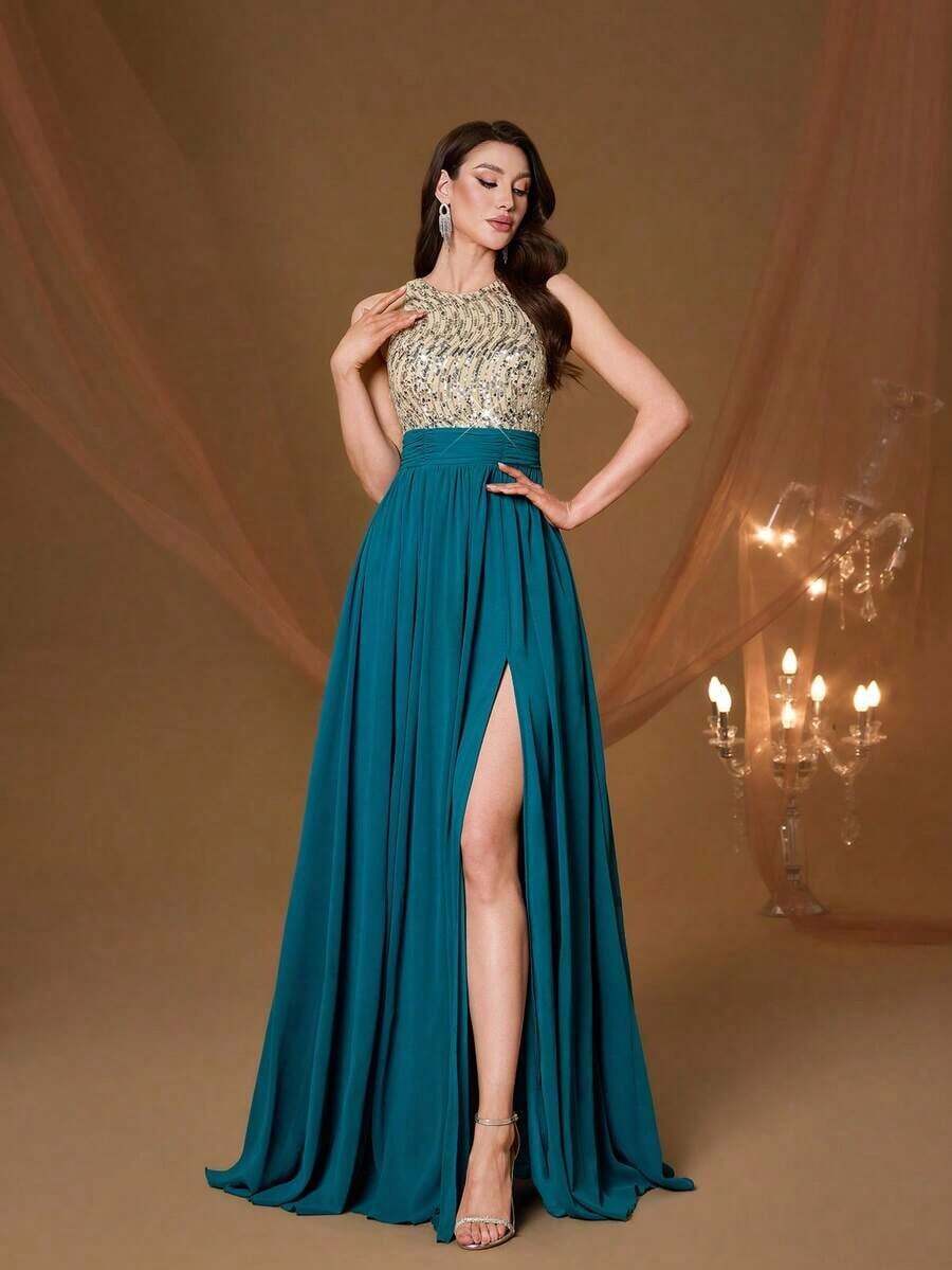 Vestido de noche de cuello redondo y halter nuevo de , vestido de gasa con abertura alta y parches de lentejuelas para fiesta - Verde - Ver 1