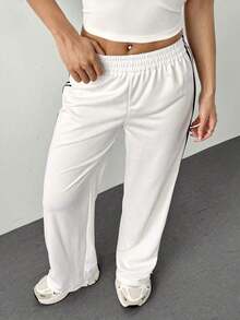 Pantalones casuales con rayas laterales negras, de estilo simple y de moda para uso diario, graduación, maestros y vuelta al colegio para mujeres - Blanco - Ver 7