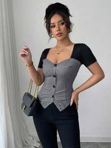 Blusa de trabajo elegante y casual con botones delanteros y manga corta, silueta entallada para dama - Multicolor - Ver 4
