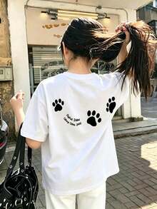 Girls, Teenagers, Students, Casual Patterned Round-Neck Pullover, Short-Sleeved T-Shirt, Summer Shoes - White - View 1