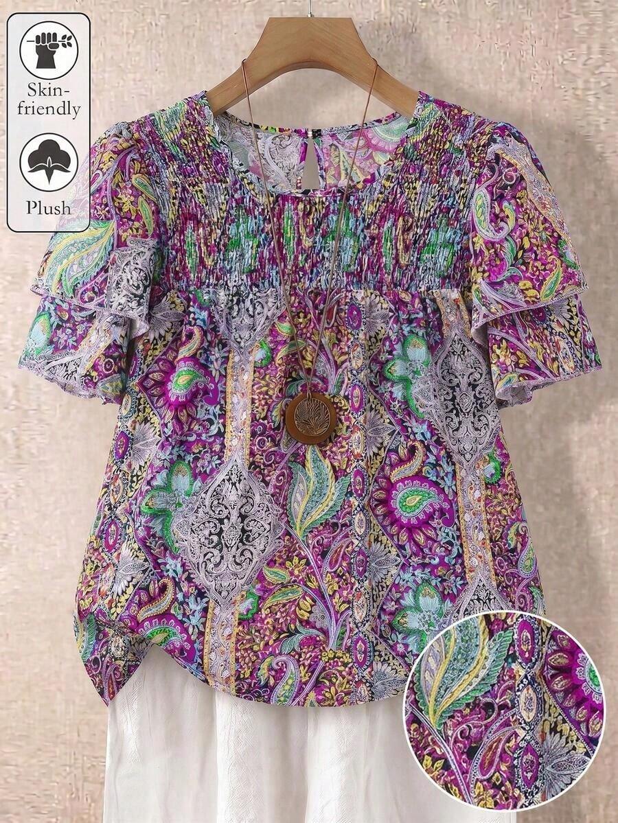 Blusa casual de mujer talla grande de unicolor con cuello redondo, mangas de doble capa, corta, plisada, versátil y de moda para el verano y vacaciones - Púrpura malva - Ver 1