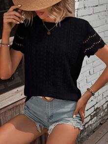 Camiseta con bordado con ojal ribete en abanico - Negro - Ver 1