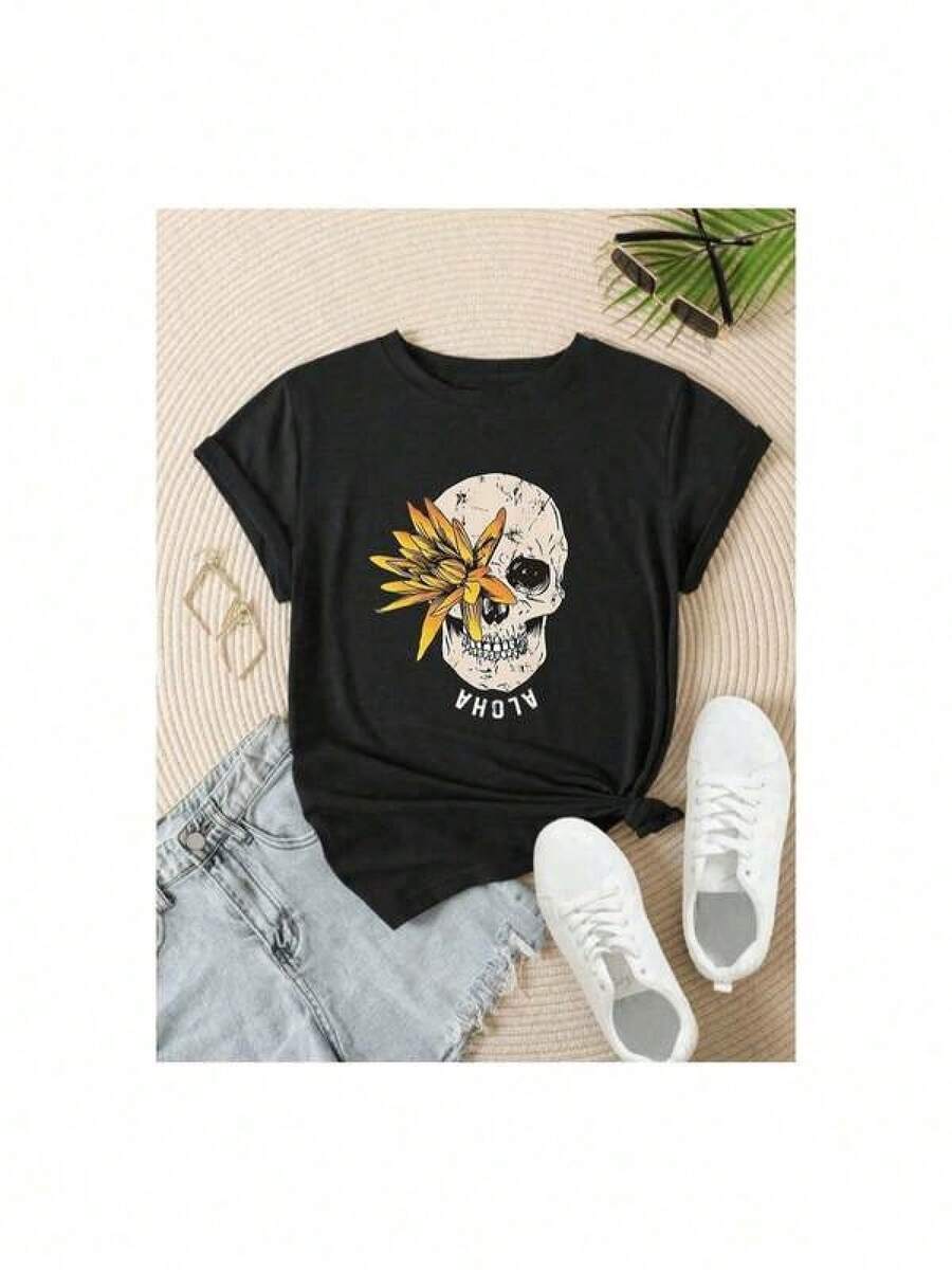 Camiseta negra informal de manga corta con cuello redondo para hombre,Camisetas Para Mujer Camiseta única con diseño de calavera y flores inspirada en la cultura mexicana ideal para fans de y2k estilo urbano  2023 perfecta para un look casual y moderno disponible en tallas limitadas - Negro - Ver 1