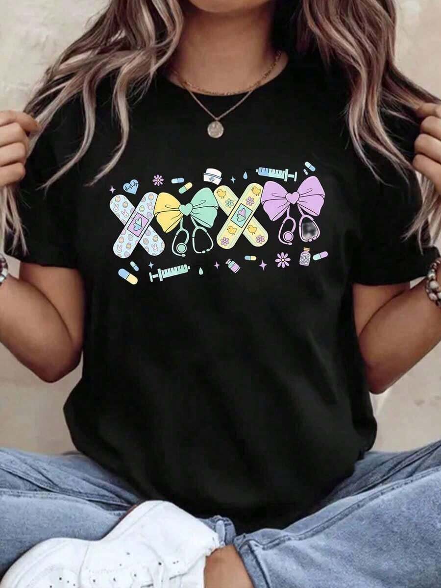 Women's Cotton T-Shirts With A Cute Medical-Themed Design, Featuring Colorful Bandages, A Stethoscope, And A Bow Tie, Perfect For Nurses, Doctors, And Healthcare Workers. A Great Gift For National Nurses Day Or Any Medical Professional. Women's Basic Tops. - 黑色 - 查看 1