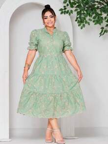 Women's Midi Dress With Embroidered Lace, All-Over Print, Embroidery, Button Detail, Ruffle Detail, Gathered Detail, Suitable For Formal And Evening Wear. - Green Bicolor 3d - View 3