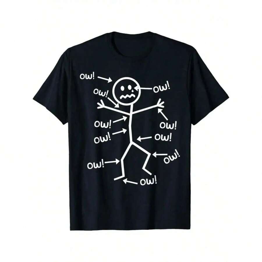 "Ow Ow Ow" T-Shirt - Funny Chronic Pain Awareness T-Shirt, For All Seasons, Cotton, One-Sided Print, Crew Neck, Short Sleeve, Soft Cotton Graphic Tee, Casual Crew Neck T-Shirt, Thick T-Shirt, High Quality And Heavyweight. - 黑色 - 查看 1