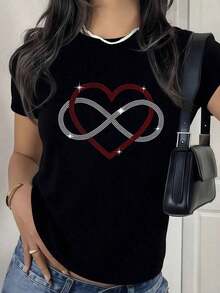 Women's T-Shirt With Infinity Heart And Rhinestone Print, Black T-Shirt With Red Diamond Print, Eternal Love Gift For Valentine's Day, Glam Aesthetic Short Sleeve Top Y2K. - 黑色 - 查看 7