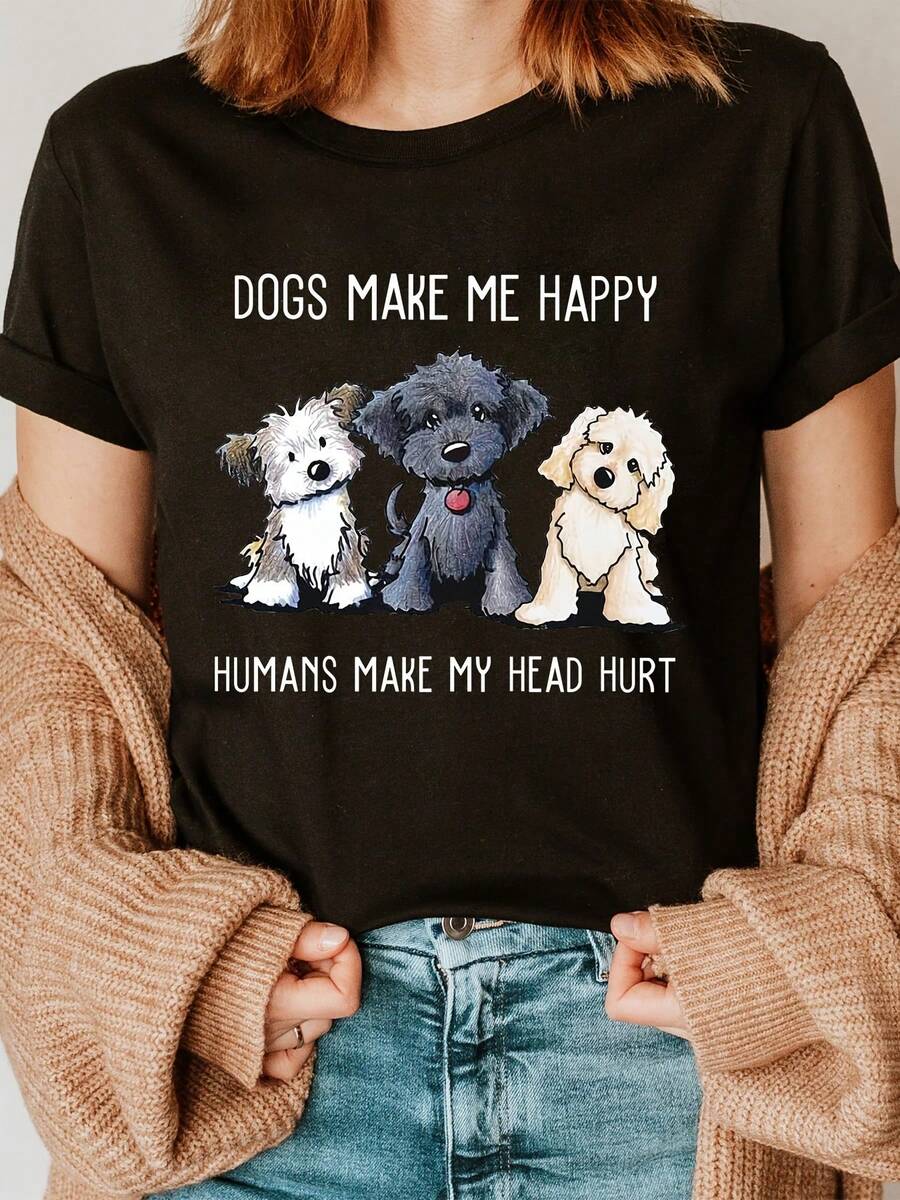 Camiseta de moda con estampado de letras y tres pugs, cuello redondo, manga corta, top casual, ropa casual de primavera y verano para mujer. - Negro - Ver 1
