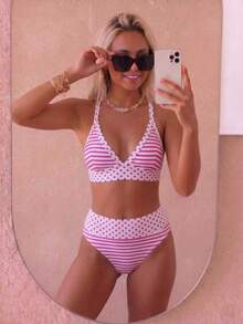August vacation 夏季優雅女款時尚棕色波點與條紋印花綁帶設計性感比基尼兩件式泳衣 度假海灘 - 粉紅白 - 查看 3