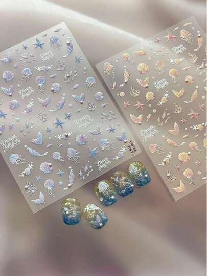 1pc Dreamy Ocean Theme Nail Stickers, Mermaid & Shell Nail Art Stickers Suitable For Women & Girls