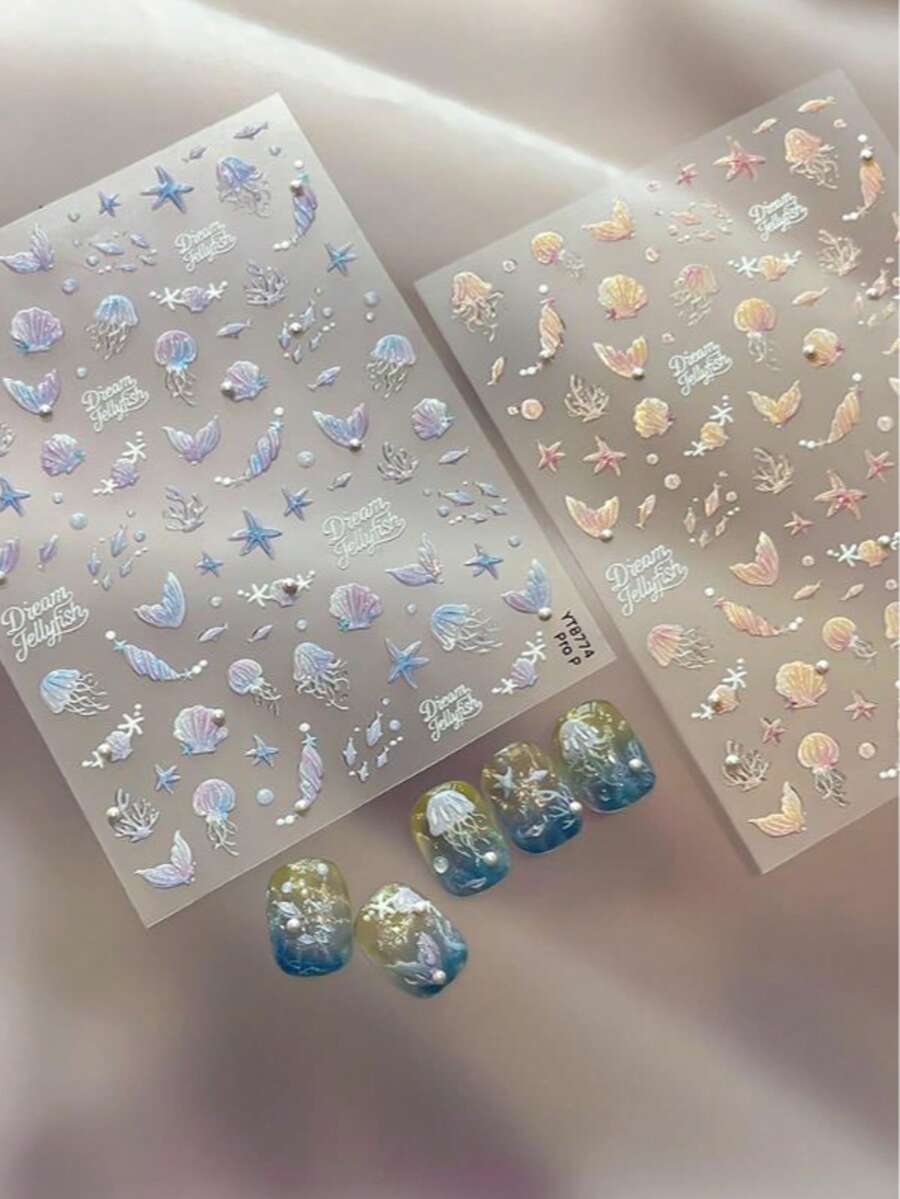 1张梦幻海洋美甲贴纸，贝壳美人鱼美甲贴纸，适合女性和女孩