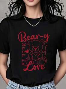 Camiseta de talla grande con estampado de oso de peluche con corazón para el Día de San Valentín y ocasiones románticas, estilo vintage urbano, unisex, de algodón, manga corta, cuello redondo, blusas para mujer. blusas.blusas casuales para dama.Impresión de osos cariñosos.Camiseta estampada Impresión de osos cariñosos. - Negro - Ver 2