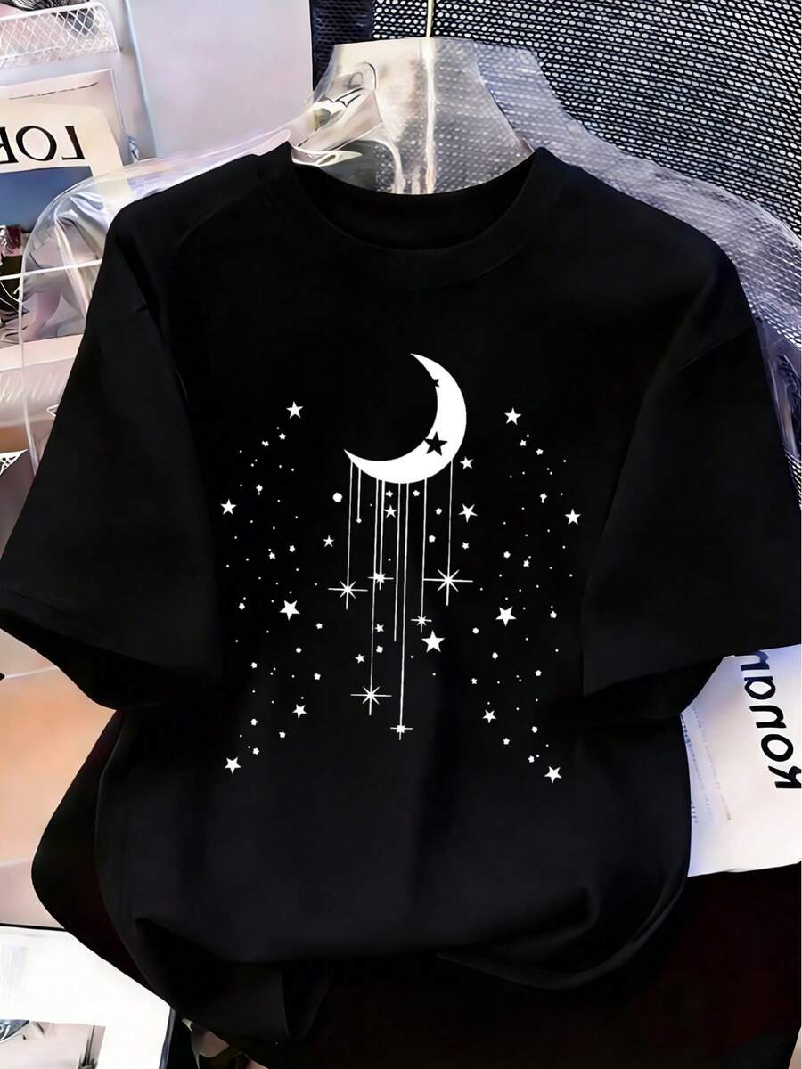 Women's Elegant Short-Sleeve Crew Neck T-Shirt With "Hanging Star And Moon" Print - Letter Print, Soft Fabric, Versatile Casual Top For Spring And Summer, Machine Washable, Fashionable Letter Print, Comfortable Fit, Suitable For - 黑色 - 查看 1