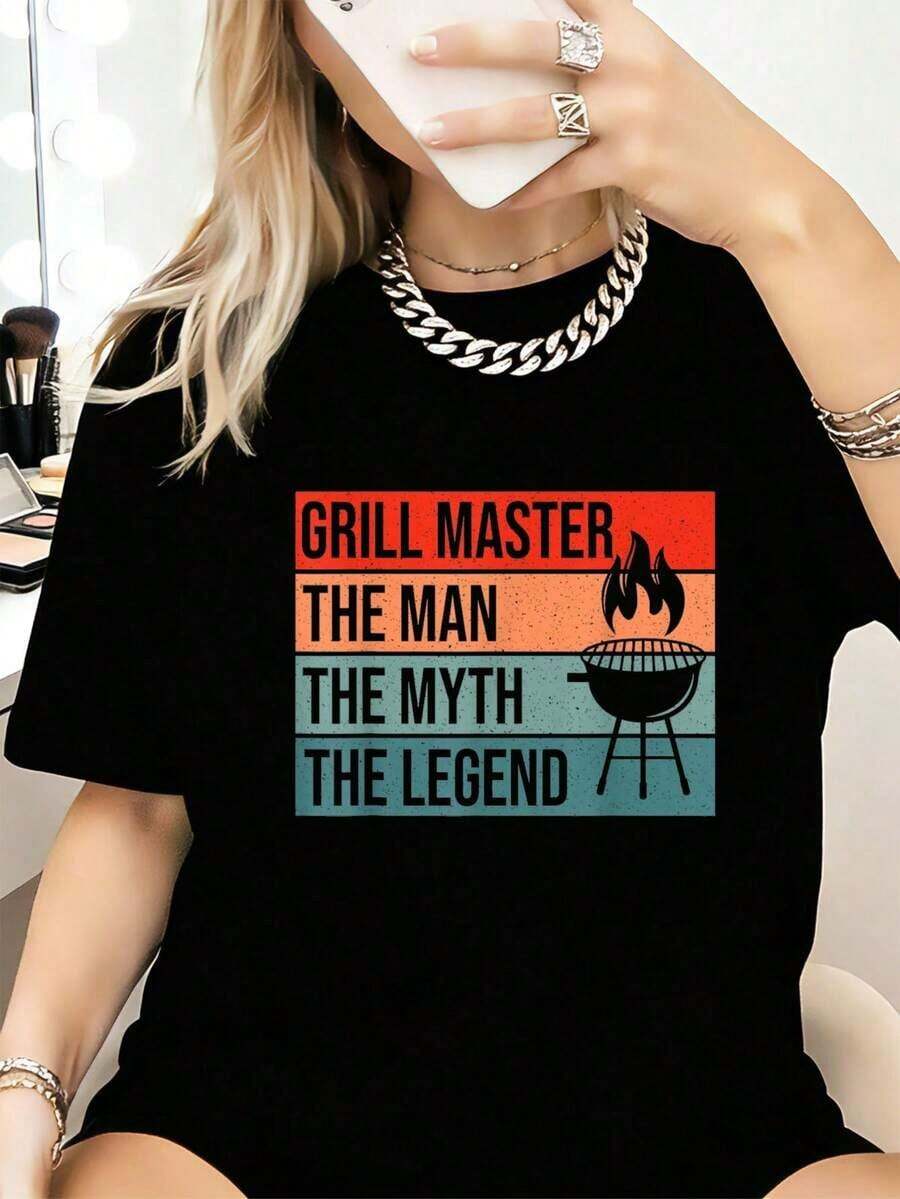 Camiseta retro vintage BBQ Smoker Grill Master Man Myth Legend - Camisetas gráficas casuales de moda para mujeres - Tops de camiseta de uso diario,Prendas callejeras de estilo fiesta y carnaval con blusas transpirables para uso diario y actividades. - Negro - Ver 1
