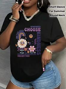 Camiseta gráfica Allseason Apparel Wo de talla grande con estampado inspirador multicolor vibrante y patrones geométricos y florales divertidos, tela suave y transpirable, camiseta casual de manga corta y cuello redondo para el verano, lavable a máquina, 100% algodón para uso diario. - Negro - Ver 3