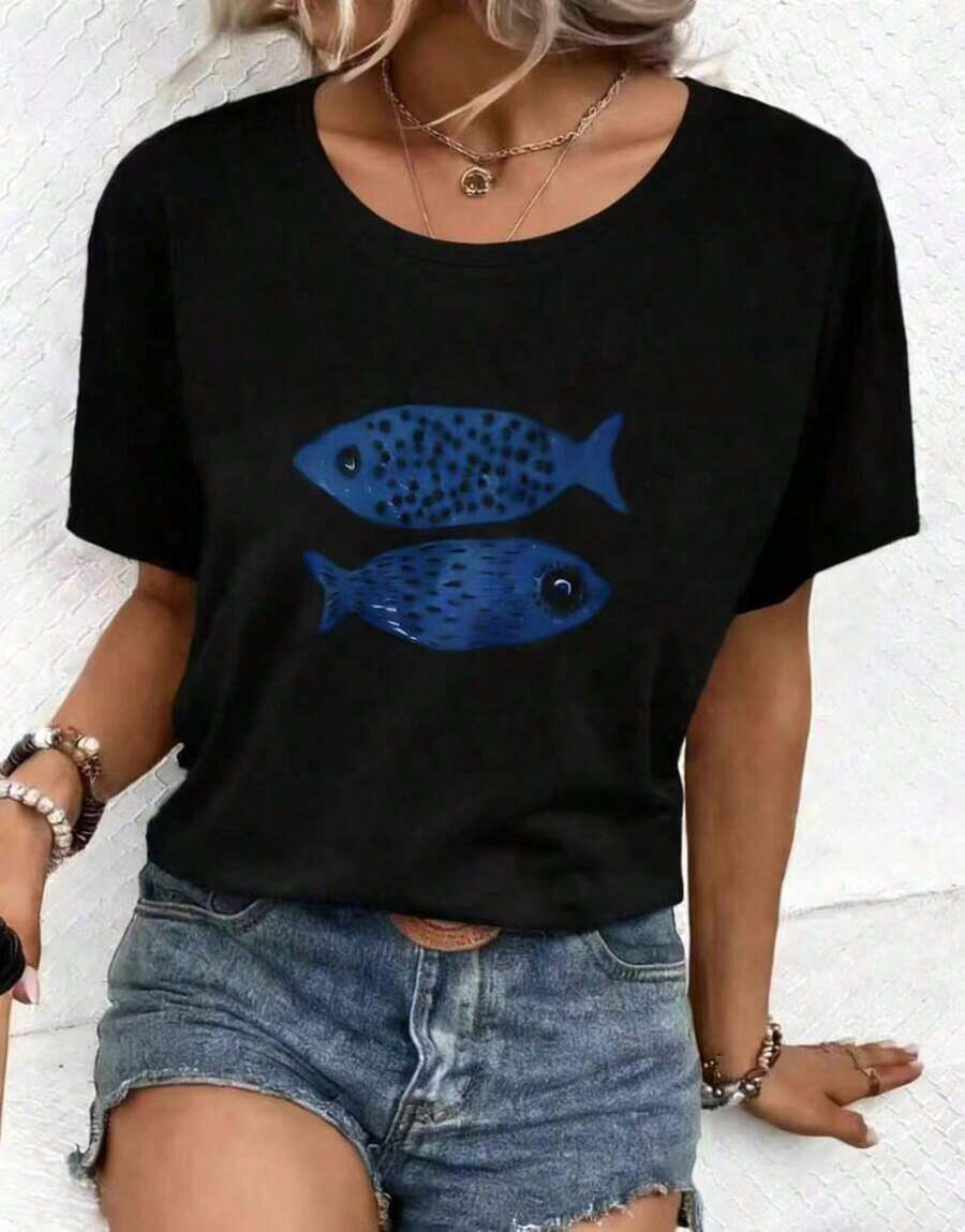Camiseta Casual de Vacaciones para Mujer 2026, Camiseta de Cuello Redondo Blanca con Estampado de Peces, Top Casual de Verano para Mujer, Ropa de Verano Y2K 6TFE - Negro - Ver 1