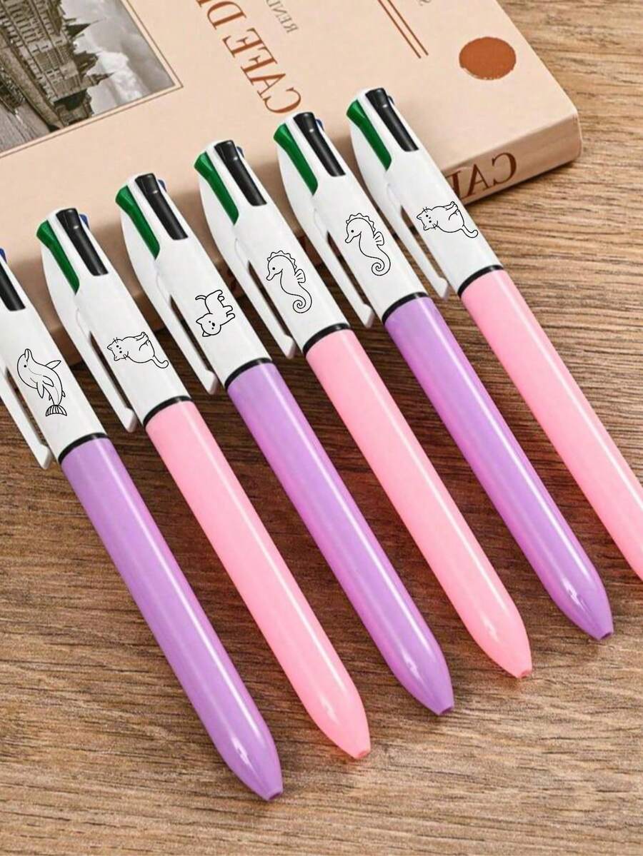 10pcs Colorful 1.0mm Ballpoint Pens, 4-In-1 Multi-Function Pens With Engraved Cat, Dog, Dolphin, Seahorse Patterns, Cute Retractable Nurse Pens, 4 Colors In 1, Suitable For School, Students, Nurses, Whiteboards And Office Supplies - Four-color Ballpoint Pen - View 1
