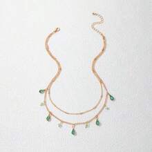 1 Collar de estilo minimalista con incrustaciones de rhinestones verdes, diseño exquisito de cadena de doble capa, perfecto para el uso diario de las mujeres - gotitas de agua - Ver 2