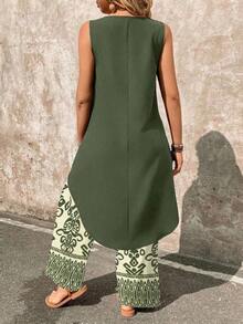 Set de 2 piezas con top sin mangas y pantalones de pierna ancha con estampado de paisley - Verde militar - Ver 2