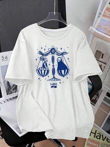 1 Piece Of Women's Oversized Graphic Tee, Libra Zodiac Sign Print Tee, Casual Loose Fit, Short Sleeve, Crew Neck, Cotton Blend, Long Off-The-Shoulder Tunic, Ideal For Everyday Wear, Zodiac Lovers, And Birthdays. 180g 100% Cotton. - 白色 - 查看 2