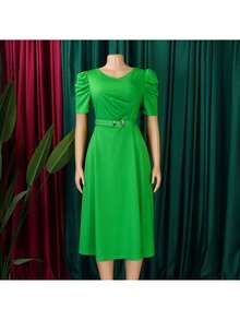Kelly Green A-Line Dress V-Neck Short Puff Sleeves Rhinestone Buckle Belt Defined Waist Knee Length Polyester Chic Semi-Formal Wedding Guest Cocktail Party Work (Local Warehouse Discounts.) | Emerald Green Dress | Satin Dresses | Dresses | Dresses For Women | Mid Length Midi Dress | Jersey Dresses For Women  (Shipped From Local Warehouse | Quick Dispatch) - màu xanh lá - Xem 4
