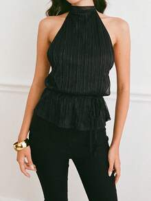 Women's Halter Neck Tank Top Sleeveless Open Back Ruched Cami Top Y2K Ruffle Hem Peplum Shirts With Tie Waist - Black - View 2